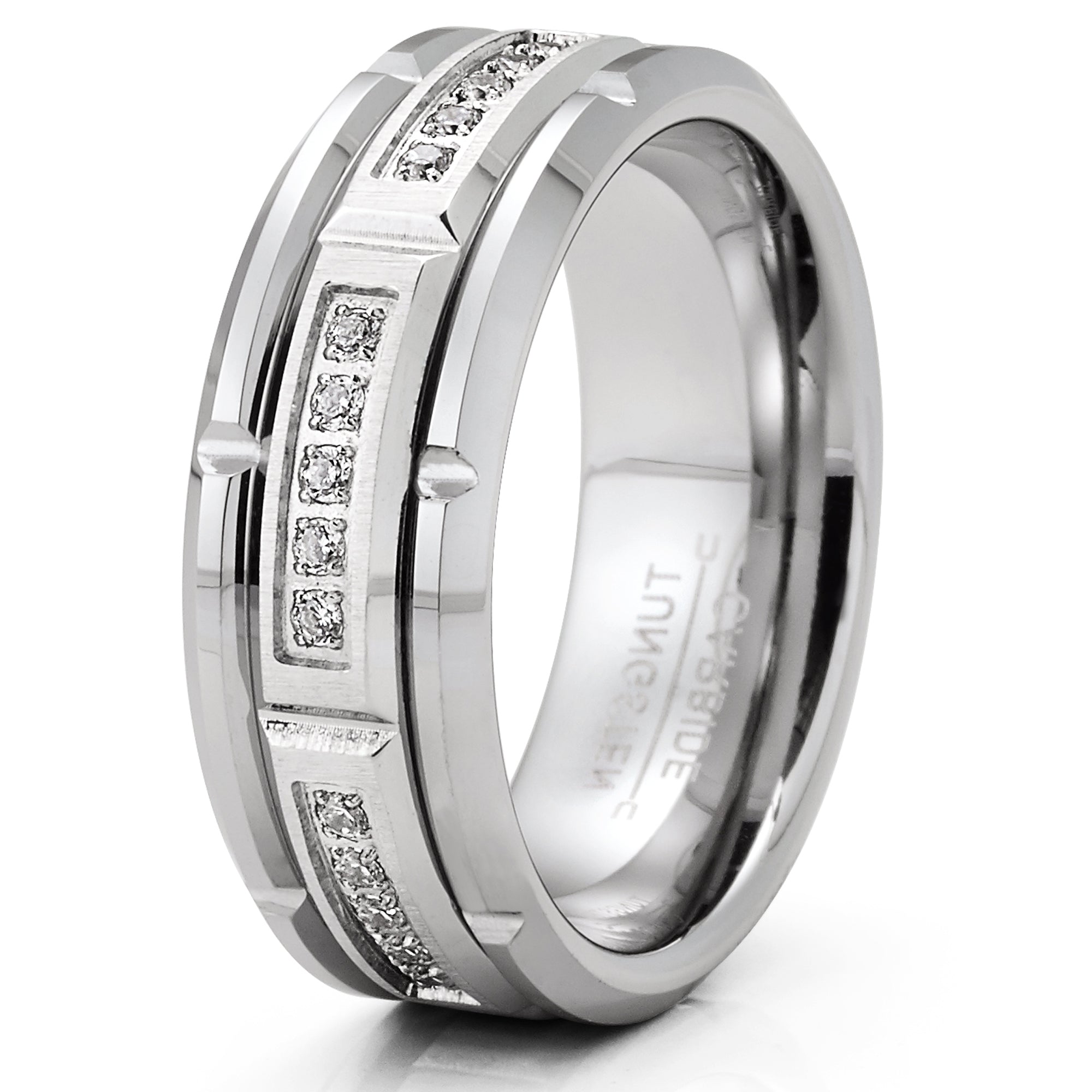 Mens Tungsten Carbide Brick Design Wedding Band Engagement Ring with Cubic Zirconia Comfort-Fit 8MM Silvertone