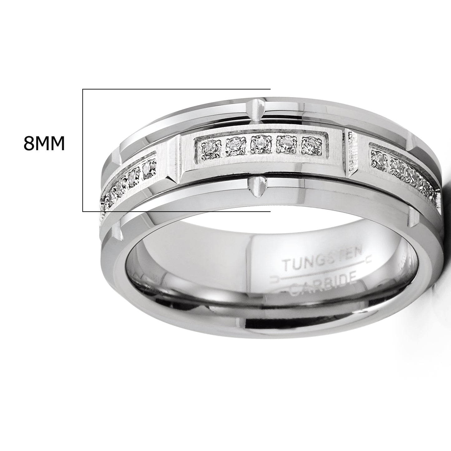 Mens Tungsten Carbide Brick Design Wedding Band Engagement Ring with Cubic Zirconia Comfort-Fit 8MM Silvertone