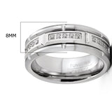 Mens Tungsten Carbide Brick Design Wedding Band Engagement Ring with Cubic Zirconia Comfort-Fit 8MM Silvertone
