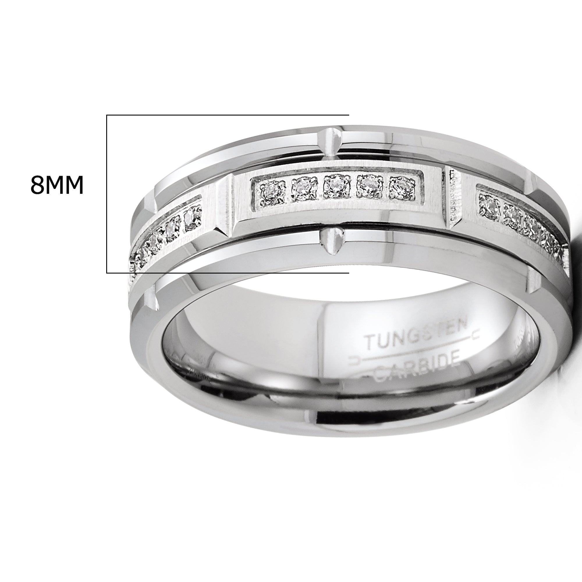 Mens Tungsten Carbide Brick Design Wedding Band Engagement Ring with Cubic Zirconia Comfort-Fit 8MM Silvertone