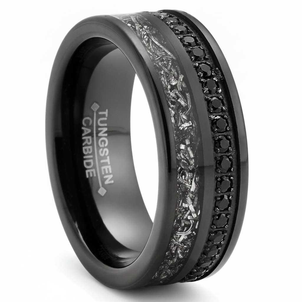 Mens Black Tungsten Carbide Wedding Band Eternity Ring Cubic Zirconia Meteorite Inlay Comfort-Fit 8MM