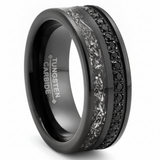 Mens Black Tungsten Carbide Wedding Band Eternity Ring Cubic Zirconia Meteorite Inlay Comfort-Fit 8MM