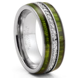 Mens Tungsten Carbide Wedding Band Green Jade Wood Cubic Zirconia Eternity Ring Comfort-Fit 8MM