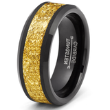 Black Tungsten Carbide Ring Mens Wedding Band Ring Gold Nugget Flakes Inlay 8MM Comfort-Fit
