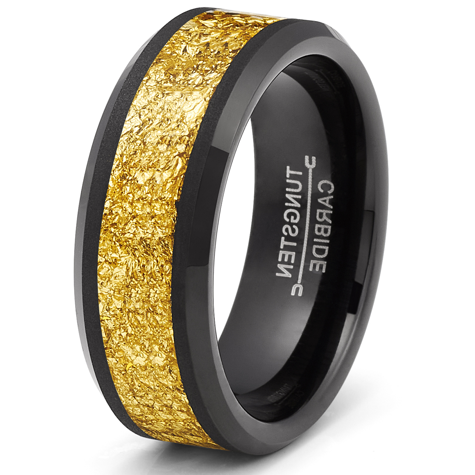 Black Tungsten Carbide Ring Mens Wedding Band Ring Gold Nugget Flakes Inlay 8MM Comfort-Fit