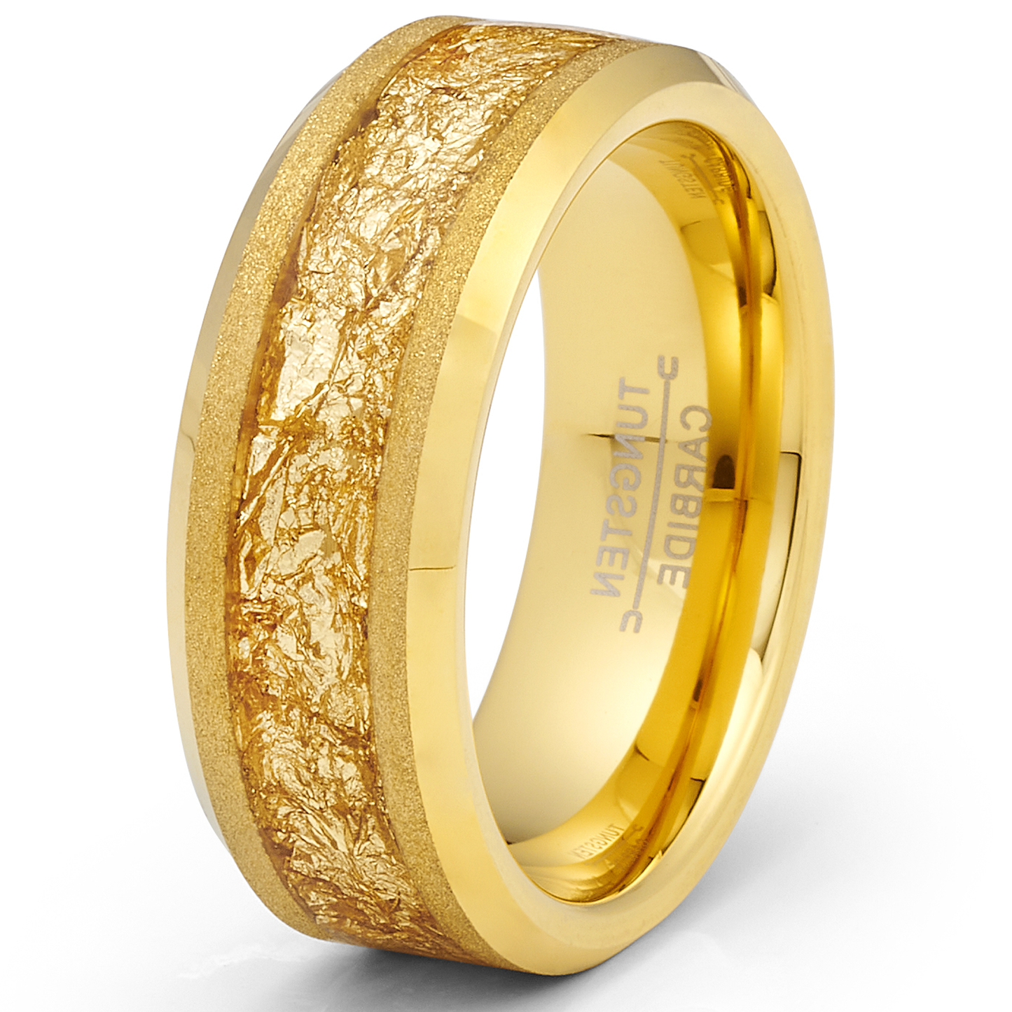 Gold Plated Tungsten Carbide Ring Mens Wedding Band Gold Nugget Flakes Inlay 8MM Comfort-Fit