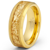 Gold Plated Tungsten Carbide Ring Mens Wedding Band Gold Nugget Flakes Inlay 8MM Comfort-Fit