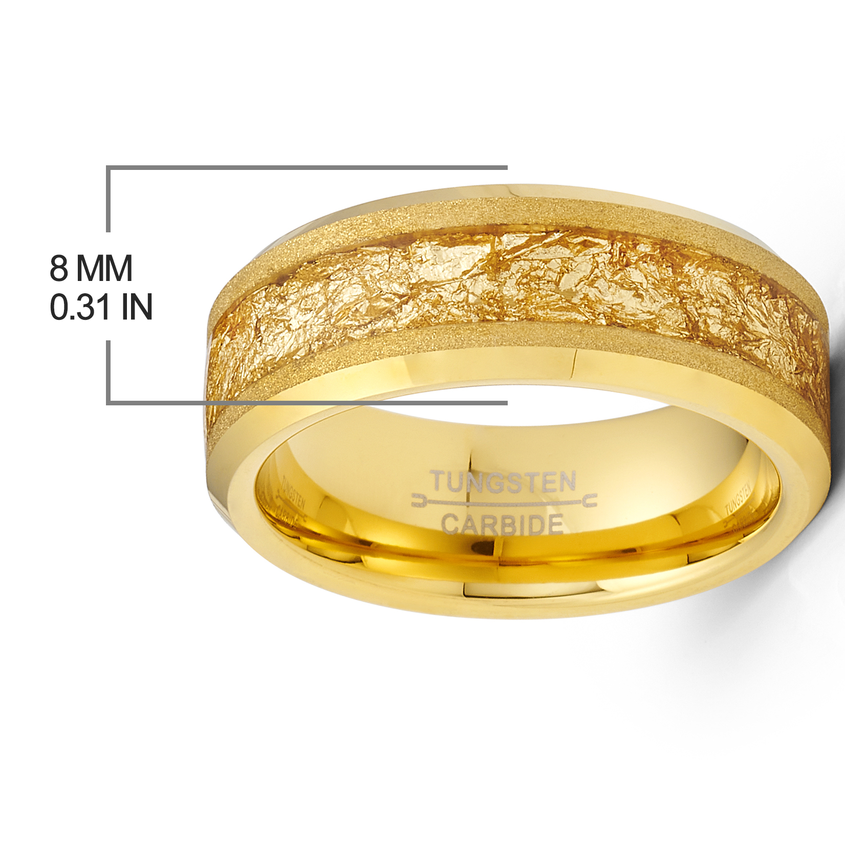 Gold Plated Tungsten Carbide Ring Mens Wedding Band Gold Nugget Flakes Inlay 8MM Comfort-Fit