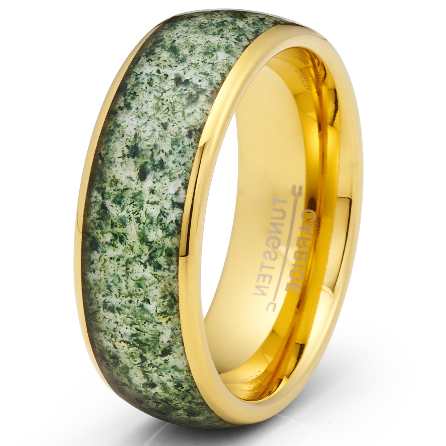 Gold Plated Tungsten Carbide Ring Mens Wedding Band Moss Agate Inlay 8MM Comfort-Fit