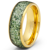 Gold Plated Tungsten Carbide Ring Mens Wedding Band Moss Agate Inlay 8MM Comfort-Fit
