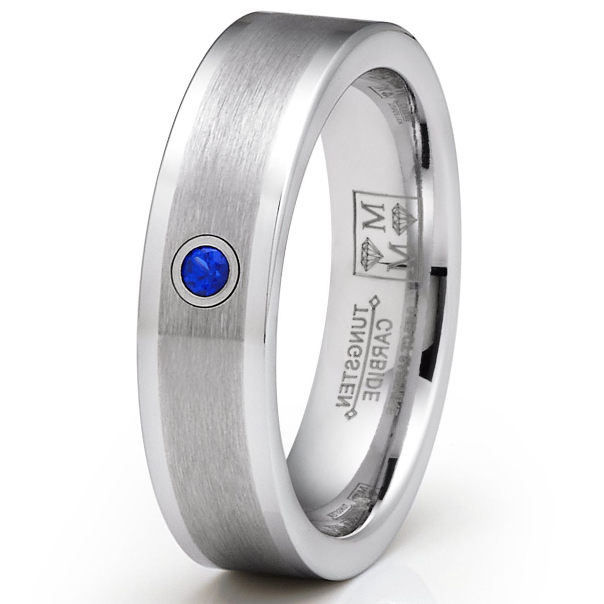Metal Masters Unisex 18K White Gold Plated Natural Sapphire Tungsten Wedding Band 6MM