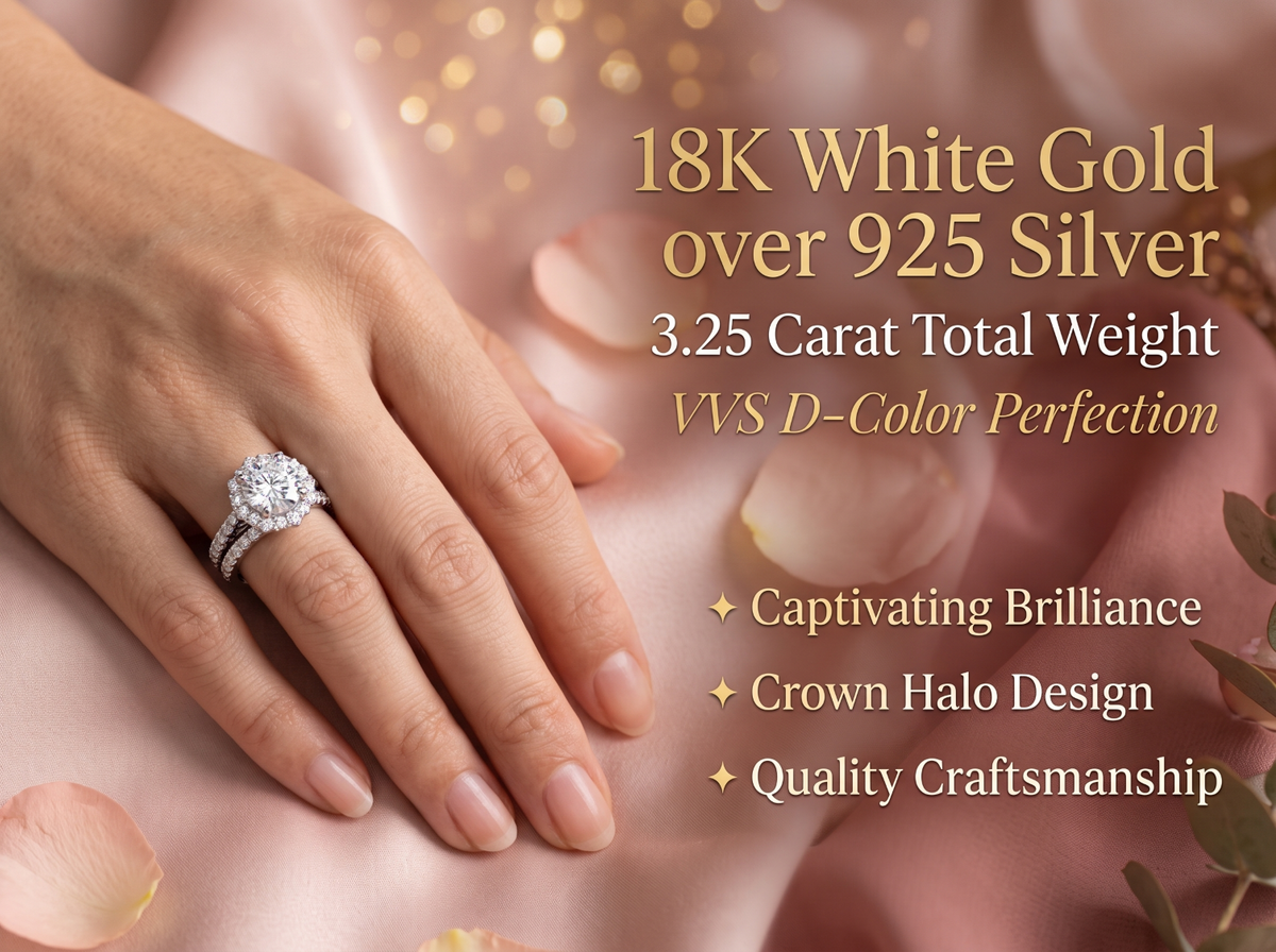 3.25Ct Round Moissanite Crown Halo Bridal Set 18K Over Silver Wedding Engagement Ring Set