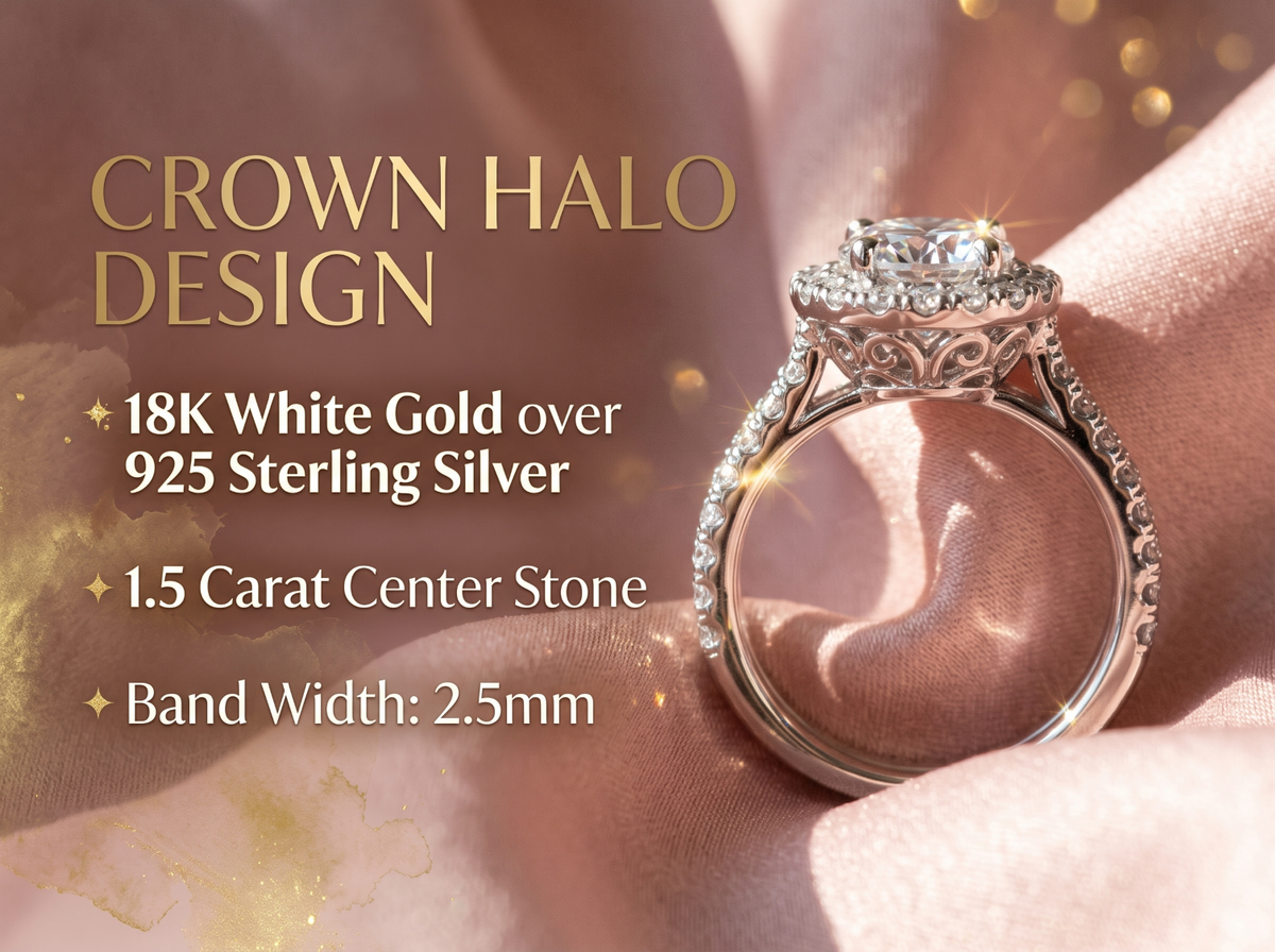 3.25Ct Round Moissanite Crown Halo Bridal Set 18K Over Silver Wedding Engagement Ring Set