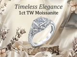 Women's 1Ct. Moissanite Carved 925 Sterling Silver Vintage Bridal Engagement Ring 18K White Gold Plated VVS D-Color