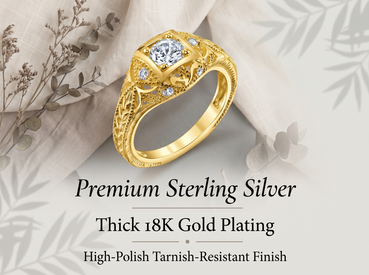 Women's 1Ct. Moissanite Carved 18K Gold over 925 Sterling Silver Vintage Bridal Engagement Ring VVS D-Color